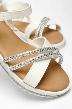 Sandals*Quiz Faux Leather Diamante Cross Strap Sandals White