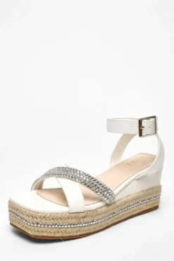 Sandals*Quiz Faux Leather Diamante Woven Wedges White