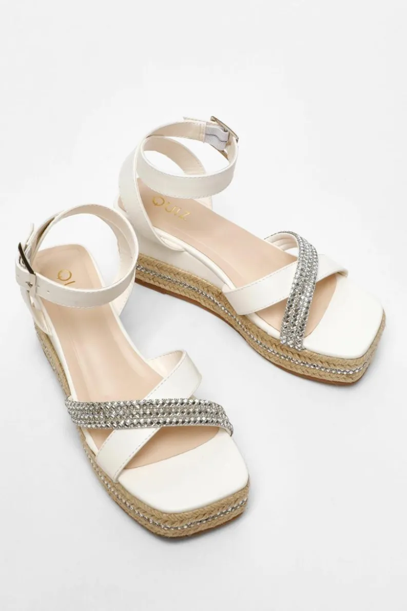 Sandals*Quiz Faux Leather Diamante Woven Wedges White