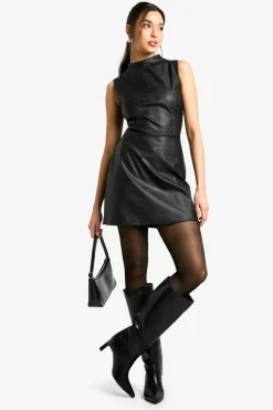 Mini Dresses*boohoo Faux Leather High Neck Mini Dress black