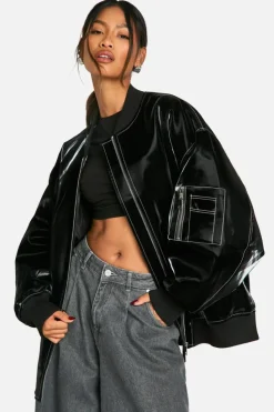 Up To 80% Off Winter Warmers|Bomber Jackets*boohoo Faux Leather Oversized Bomber Jacket black