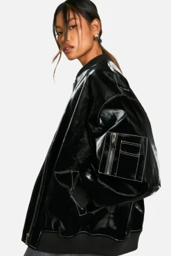 Up To 80% Off Winter Warmers|Bomber Jackets*boohoo Faux Leather Oversized Bomber Jacket black