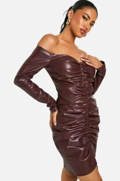 Bodycon Dresses*boohoo Faux Leather Ruched Mini Dress chocolate