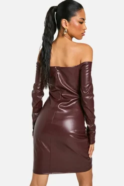 Bodycon Dresses*boohoo Faux Leather Ruched Mini Dress chocolate