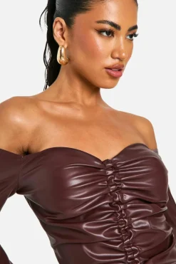 Bodycon Dresses*boohoo Faux Leather Ruched Mini Dress chocolate
