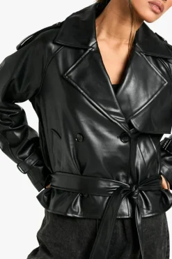 Up To 80% Off Winter Warmers|Trench Coats*boohoo Faux Leather Short Trench Coat black