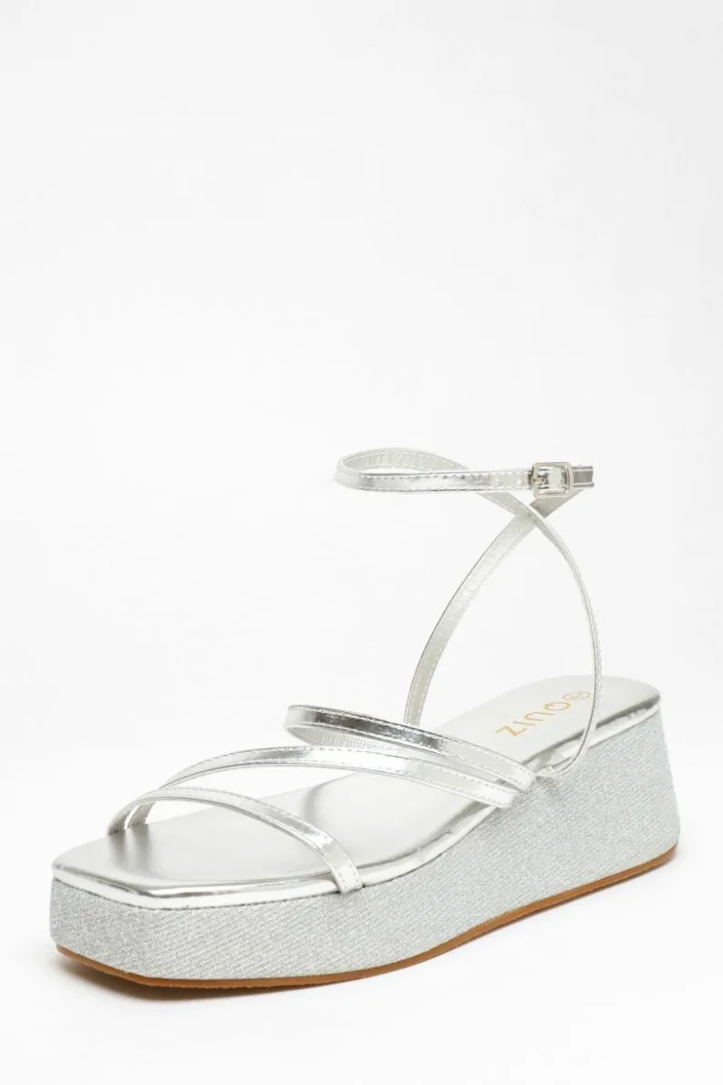 Sandals*Quiz Faux Leather Strappy Flatform Sandals Silver