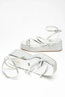 Sandals*Quiz Faux Leather Strappy Flatform Sandals Silver