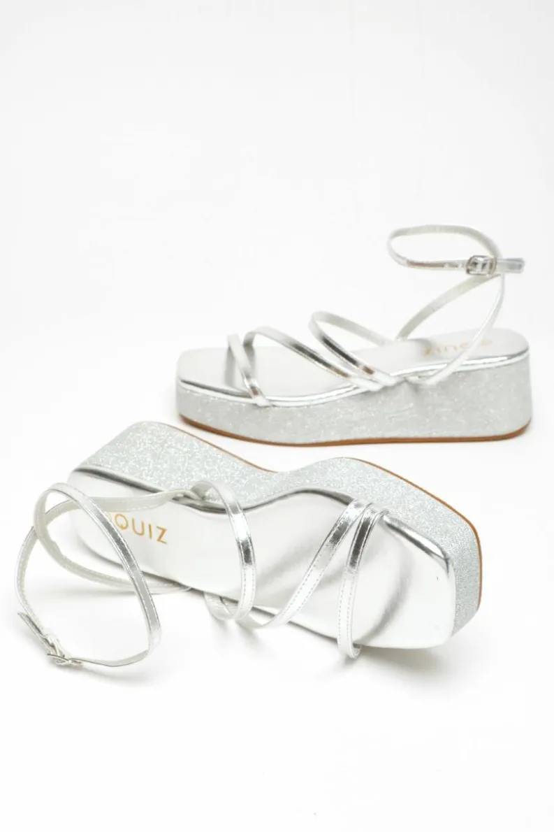 Sandals*Quiz Faux Leather Strappy Flatform Sandals Silver