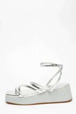 Sandals*Quiz Faux Leather Strappy Flatform Sandals Silver