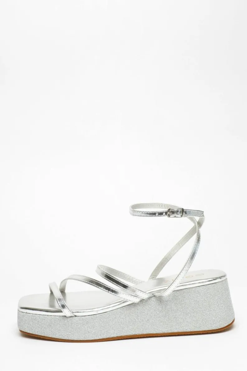 Sandals*Quiz Faux Leather Strappy Flatform Sandals Silver