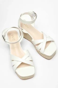 Sandals*Quiz Faux Leather Strappy Woven Wedges White