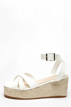 Sandals*Quiz Faux Leather Strappy Woven Wedges White