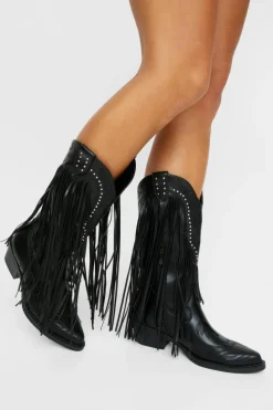 Cowboy Boots*NastyGal Faux Leather Tassel Studded Western Boots black