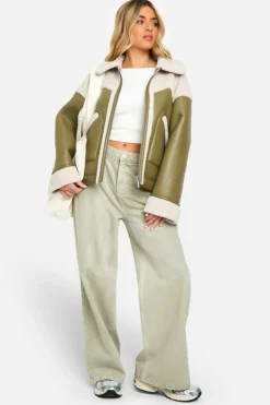 Up To 80% Off Winter Warmers|Aviator Jackets*boohoo Faux Leather Teddy Trim Aviator Jacket sage