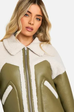 Up To 80% Off Winter Warmers|Aviator Jackets*boohoo Faux Leather Teddy Trim Aviator Jacket sage