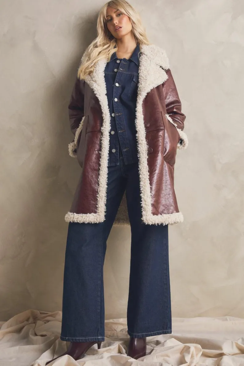 Up To 80% Off Winter Warmers|Aviator Jackets*boohoo Faux Leather Teddy Trim Longline Aviator Jacket burgundy