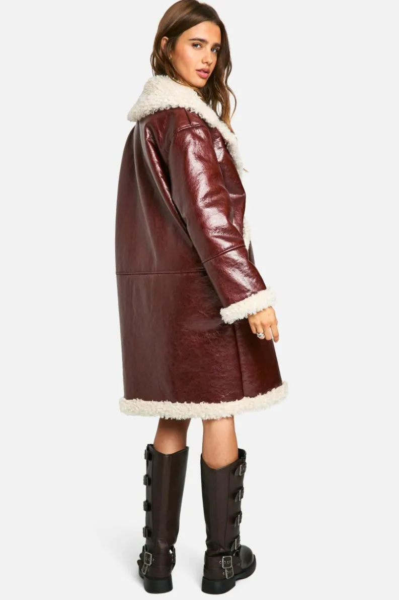 Up To 80% Off Winter Warmers|Aviator Jackets*boohoo Faux Leather Teddy Trim Longline Aviator Jacket burgundy