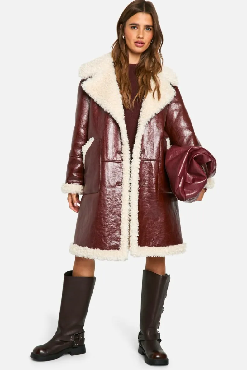 Up To 80% Off Winter Warmers|Aviator Jackets*boohoo Faux Leather Teddy Trim Longline Aviator Jacket burgundy
