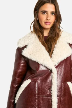 Up To 80% Off Winter Warmers|Aviator Jackets*boohoo Faux Leather Teddy Trim Longline Aviator Jacket burgundy