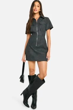 Mini Dresses*boohoo Faux Leather Zip Mini Dress washed black