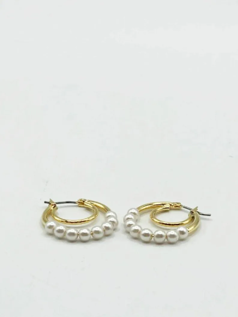 Earrings*SVNX Faux Pearl with Trim Double Hoop Earrings Gold