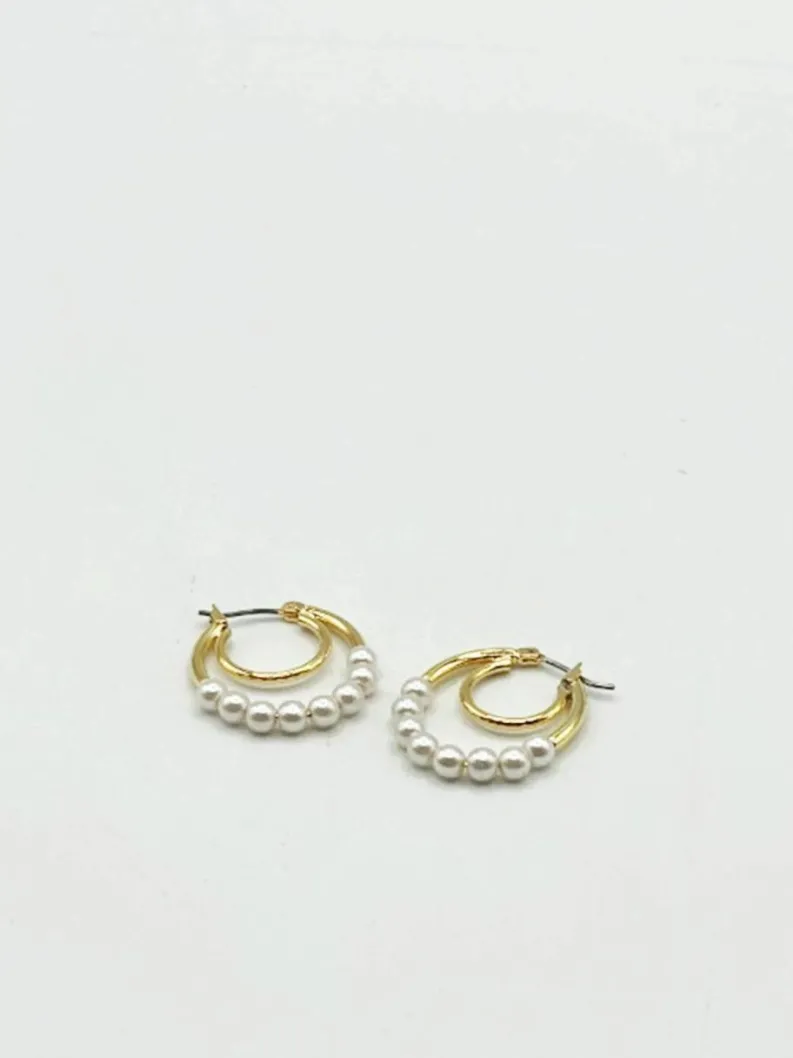 Earrings*SVNX Faux Pearl with Trim Double Hoop Earrings Gold