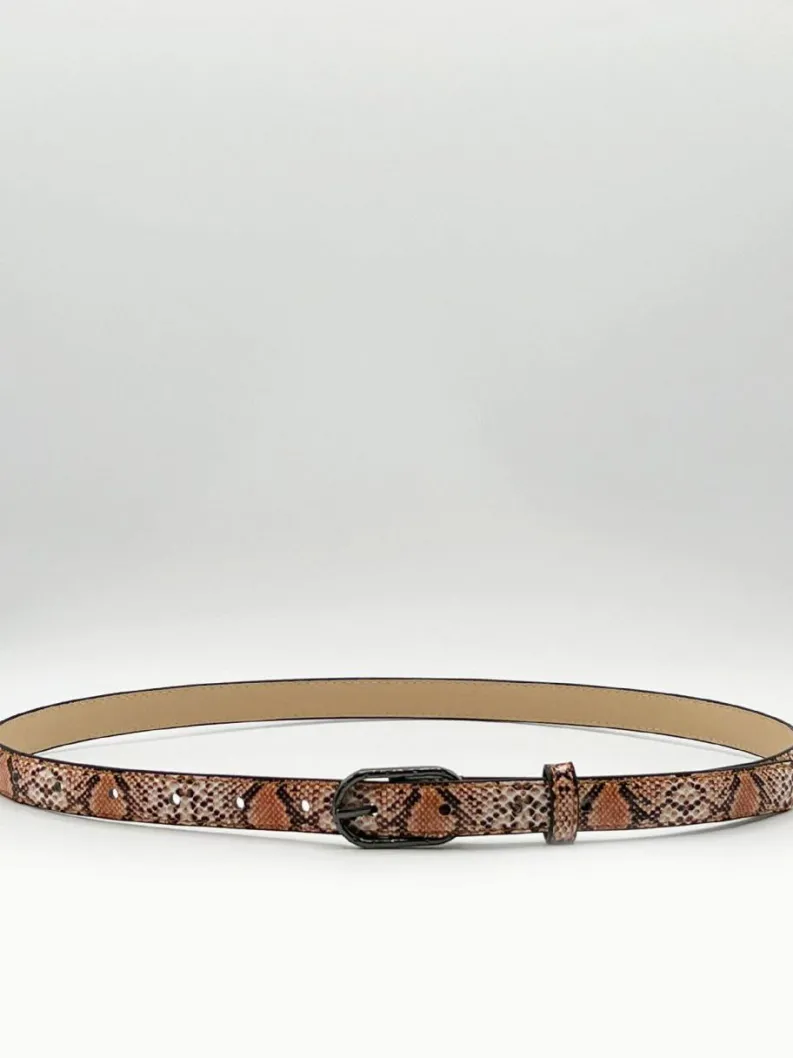 Belts*SVNX Faux Snake Print Thin Belt in Coral