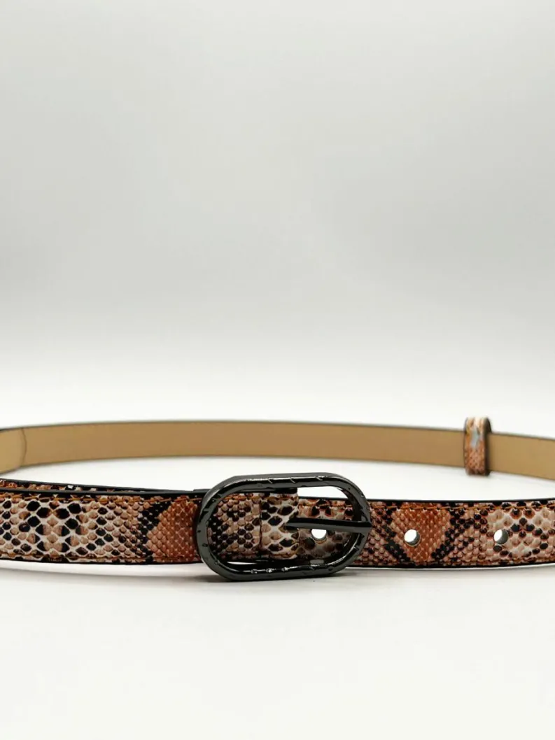Belts*SVNX Faux Snake Print Thin Belt in Coral