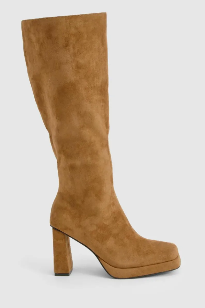 Heels|Over The Knee Boots*boohoo Faux Suede Block Heel Platform Knee High Boots taupe