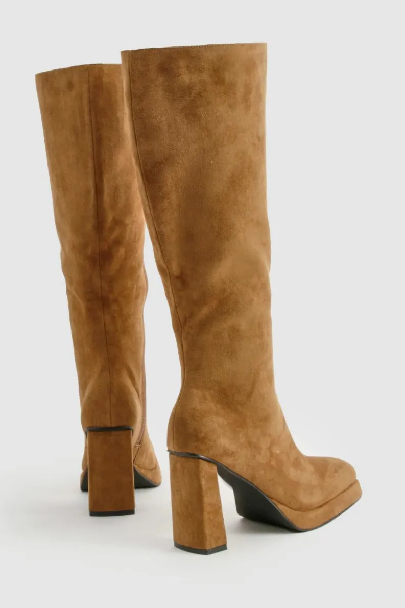 Heels|Over The Knee Boots*boohoo Faux Suede Block Heel Platform Knee High Boots taupe