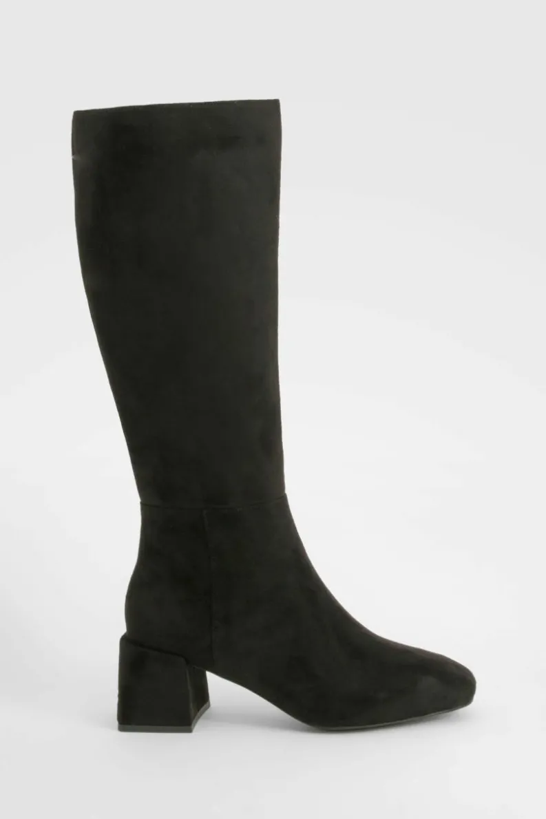 Heels|Over The Knee Boots*boohoo Faux Suede Block Heeled Knee High Boot black