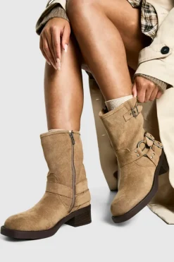 Biker Boots|All Boots*boohoo Faux Suede Buckle Detail Boot khaki