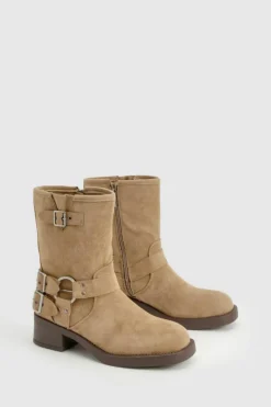Biker Boots|All Boots*boohoo Faux Suede Buckle Detail Boot khaki