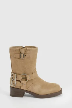 Biker Boots|All Boots*boohoo Faux Suede Buckle Detail Boot khaki
