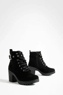 Chunky Boots|Biker Boots*boohoo Faux Suede Buckle Lace Up Chunky Hiker Boots black