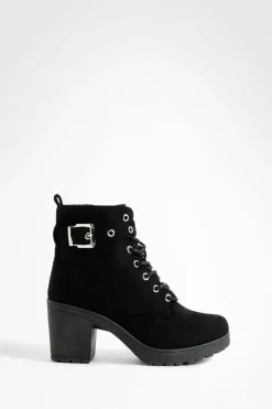Chunky Boots|Biker Boots*boohoo Faux Suede Buckle Lace Up Chunky Hiker Boots black