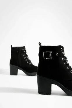 Chunky Boots|Biker Boots*boohoo Faux Suede Buckle Lace Up Chunky Hiker Boots black