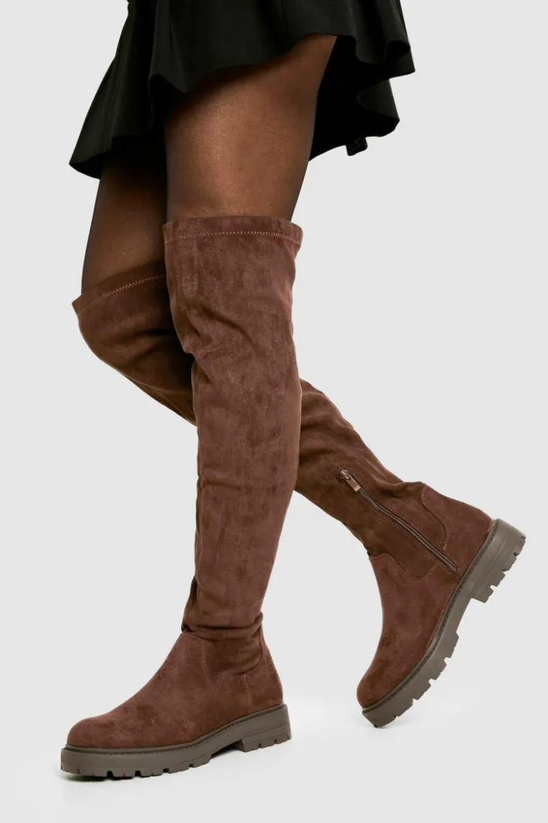 Over The Knee Boots|Knee High Boots*boohoo Faux Suede Chunky Knee High Boots chocolate