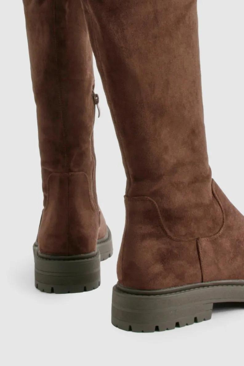 Over The Knee Boots|Knee High Boots*boohoo Faux Suede Chunky Knee High Boots chocolate