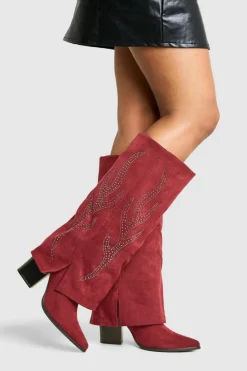 Cowboy Boots|All Boots*boohoo Faux Suede Embellished Foldover Boots wine