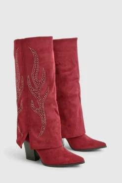 Cowboy Boots|All Boots*boohoo Faux Suede Embellished Foldover Boots wine