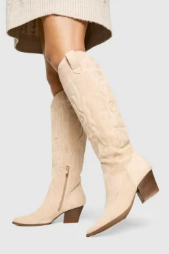 Cowboy Boots|All Boots*boohoo Faux Suede Embroidered Western Cowboy Boots beige