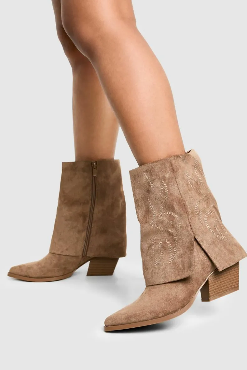 Calf High Boots|Cowboy Boots*boohoo Faux Suede Foldover Calf High Boot khaki