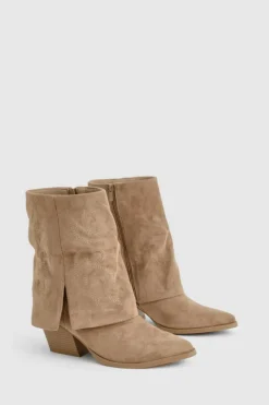 Calf High Boots|Cowboy Boots*boohoo Faux Suede Foldover Calf High Boot khaki
