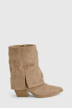 Calf High Boots|Cowboy Boots*boohoo Faux Suede Foldover Calf High Boot khaki