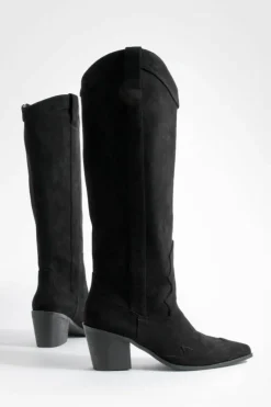 Knee High Boots|Cowboy Boots*boohoo Faux Suede Knee High Heeled Western Cowboy Boots black