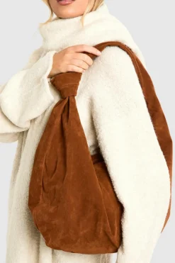Handbags*boohoo Faux Suede Knot Detail Shoulder Bag camel