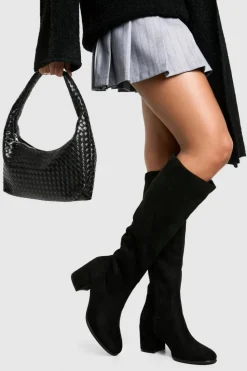 Heels|Over The Knee Boots*boohoo Faux Suede Low Block Pull On Knee High Boots black
