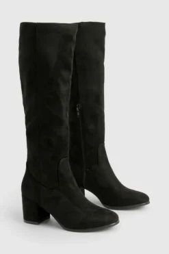 Heels|Over The Knee Boots*boohoo Faux Suede Low Block Pull On Knee High Boots black